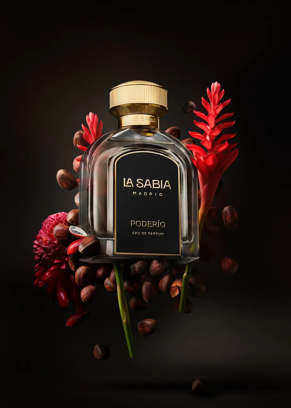 Una fragancia oscura enmarcada por flores tropicales rojo intenso · Fotografía de producto, TimeLäB Studio Barcelona