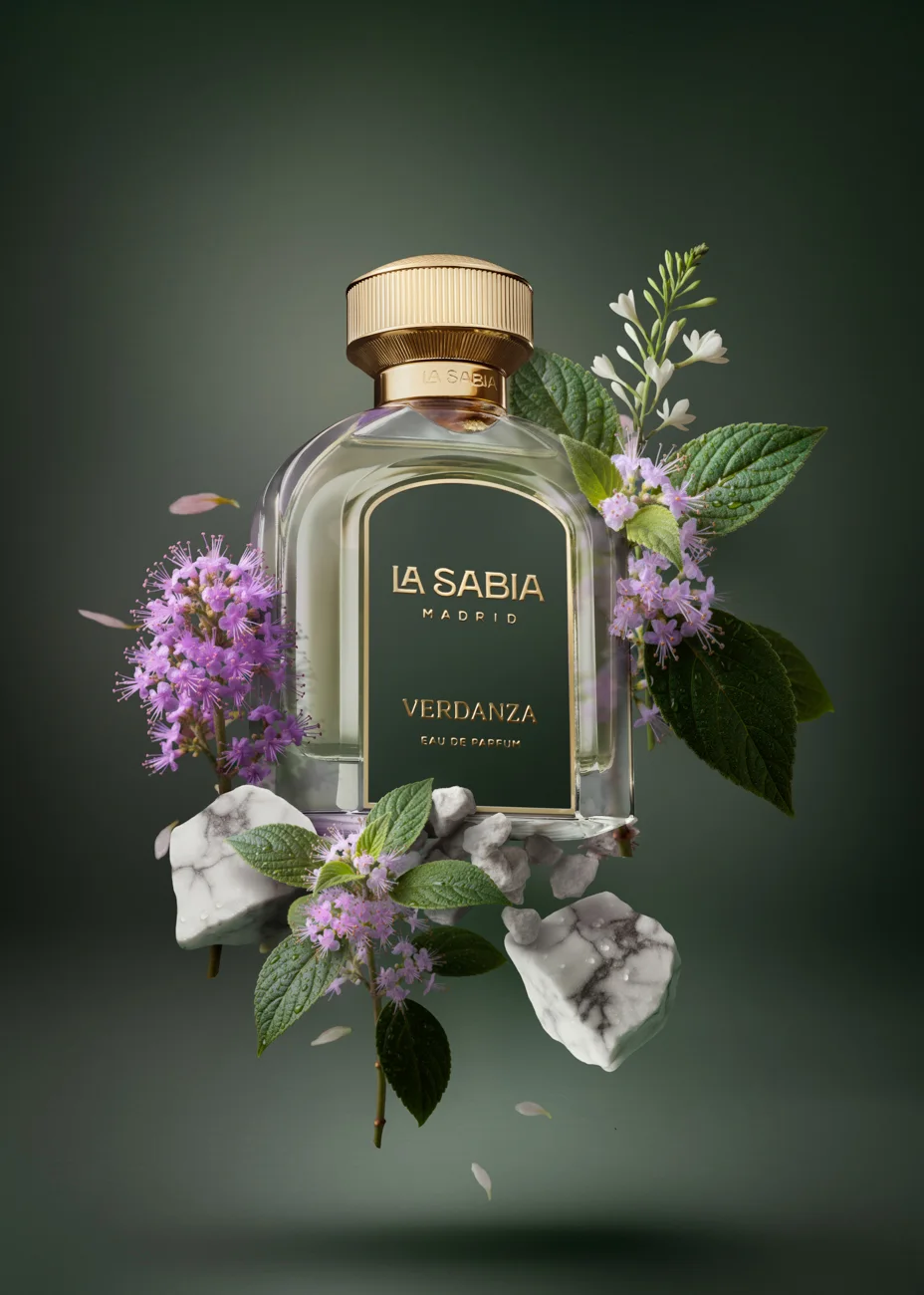 Una fragancia verde LA SABIA entre flores de lila y piedras grises · Fotografía de producto, TimeLäB Studio Barcelona