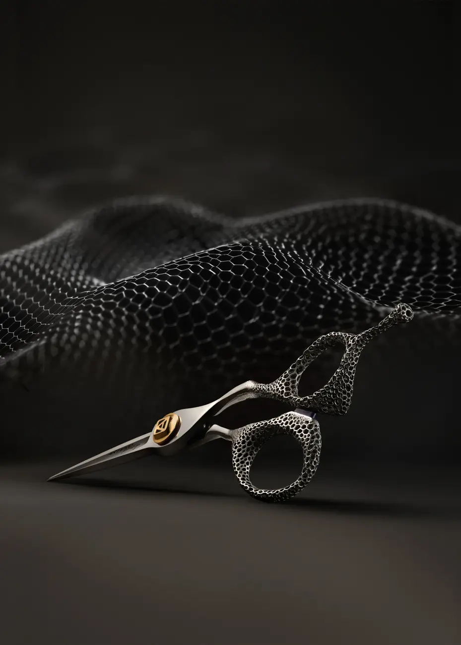 Unas tijeras de peluquería sobre una malla oscura ondulada · Fotografía de producto, TimeLäB Studio Barcelona